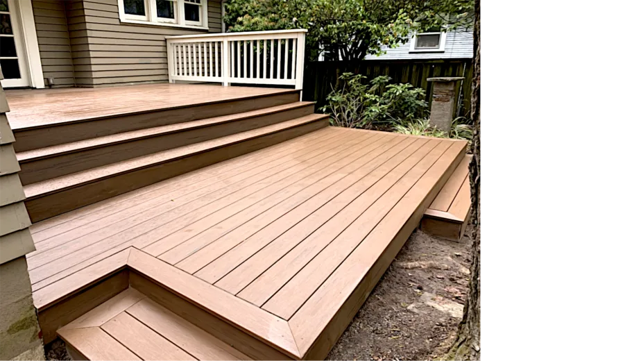 Wide composite deck with wrap-around platform and three full-width steps